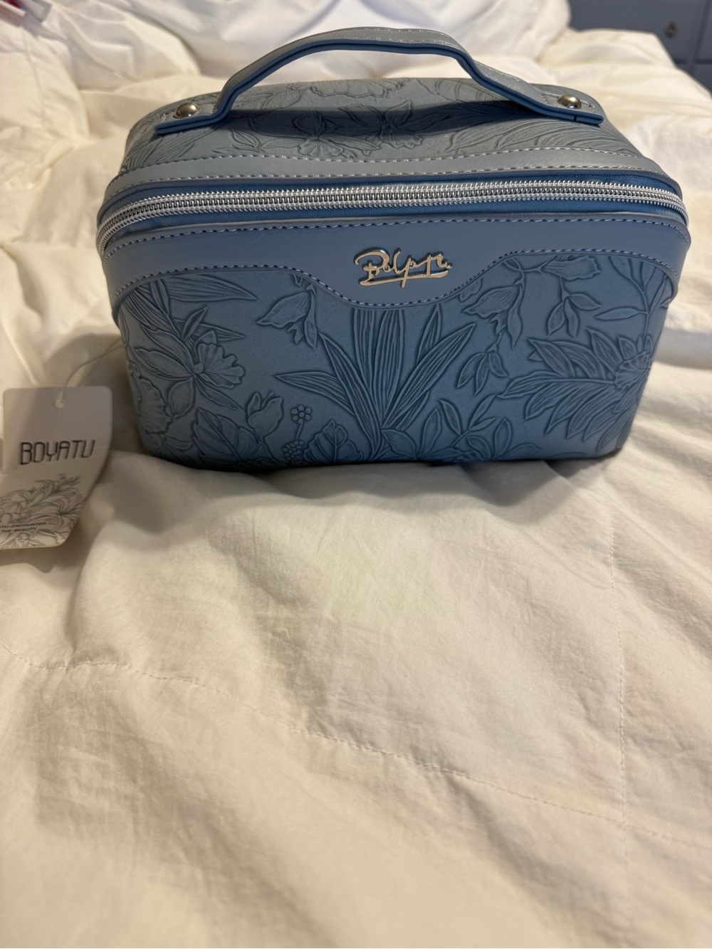 Light Blue Embossed Floral Cosmetic Bag